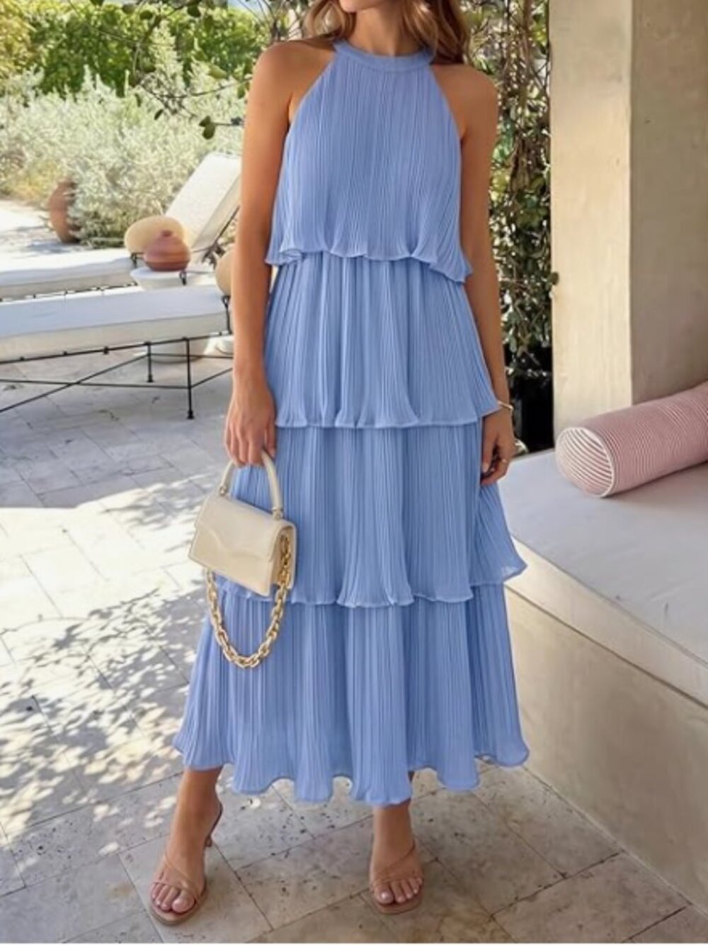 Pleated Tiered Midi Dress in Periwinkle Blue